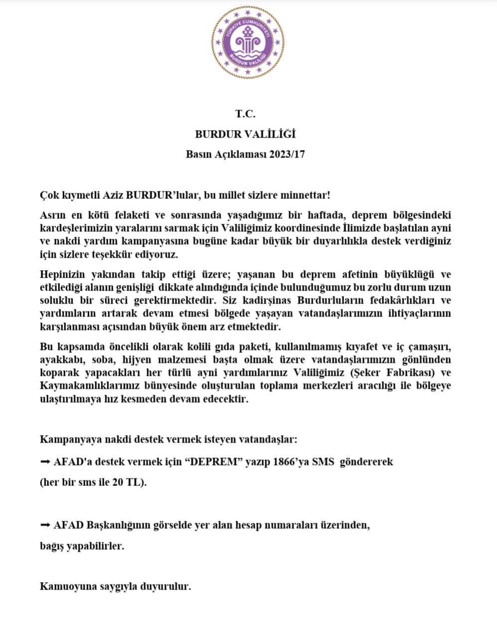 BURDUR VALİLİĞİ BASIN AÇIKLAMASI 2023/17